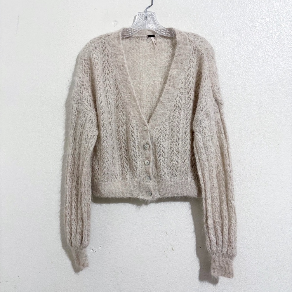 Free People Amelia Alpaca Blend Pointelle Knit Cardigan Sweater Oatmeal Heather - Picture 5 of 9